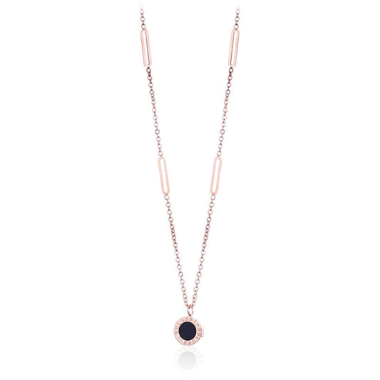 Black and 18K Rose Gold-Plated Roman Numeral Plate Pendant Necklace, rose gold pendant necklace for women, front view
