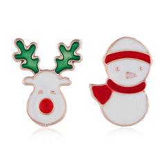 Festive 18K gold-plated earrings featuring colorful snowman and reindeer designs, perfect for Christmas celebrations.