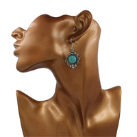 Reconstituted Turquoise & Silver-Plated Floral Drop Earrings