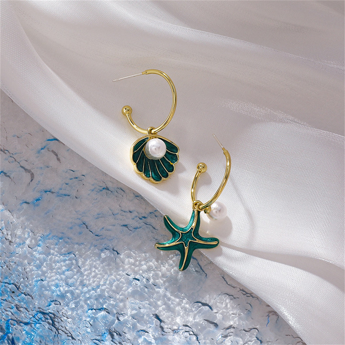 Green Enamel and Pearl Mismatch Shell Starfish Drop Earrings, drop earrings for women, botanical inspired, lifestyle look