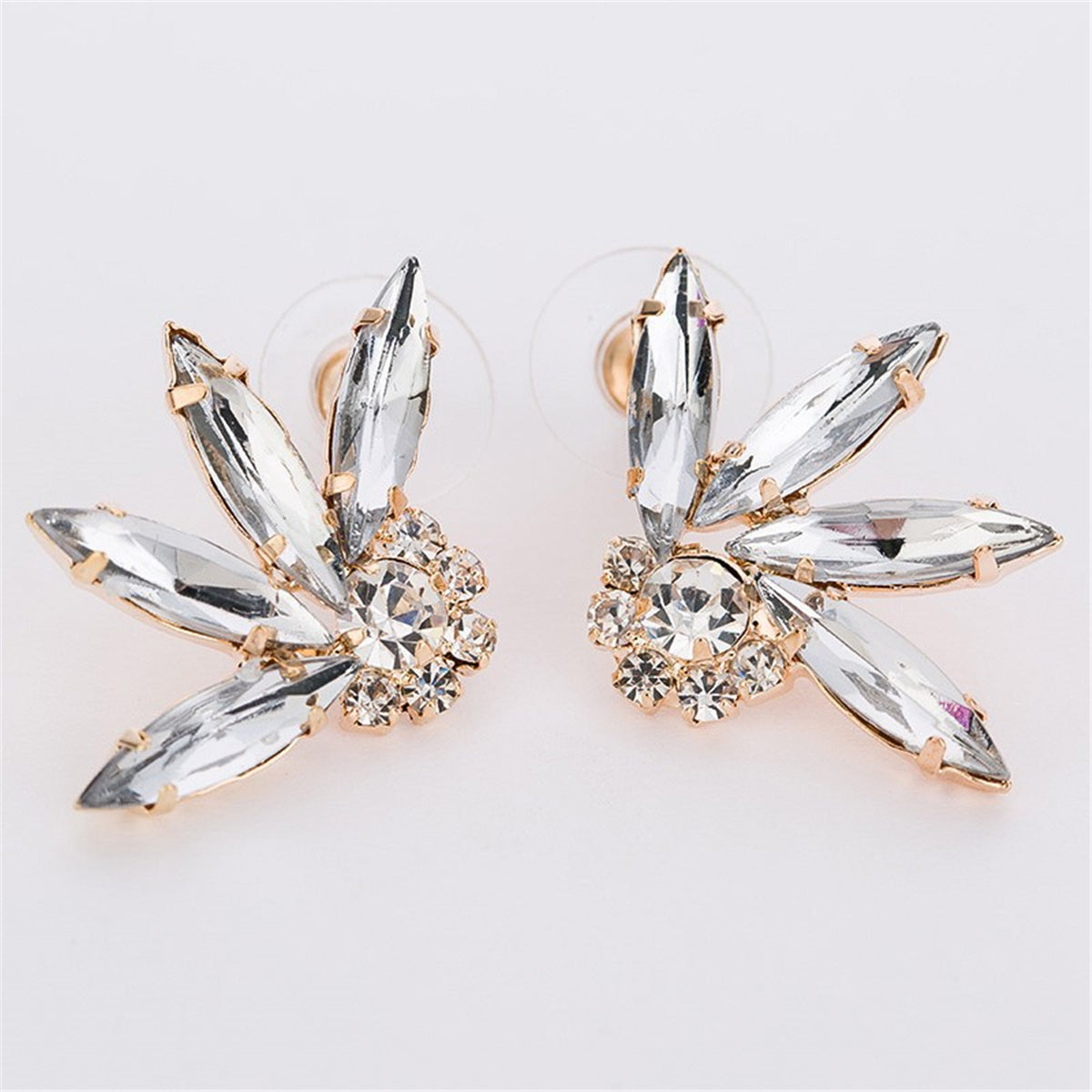 Crystal and Cubic Zirconia 18K Gold-Plated Stud Earrings, gold stud earrings for women, botanical inspired, front view