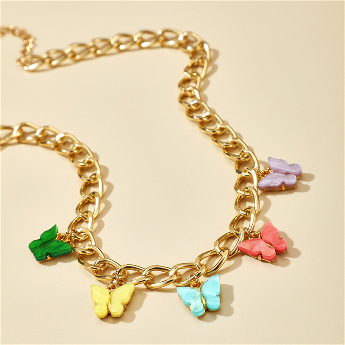 Pastel Acrylic and 18K Gold-Plated Chain Butterfly Station Necklace, gold pendant necklace for women, detail close-up