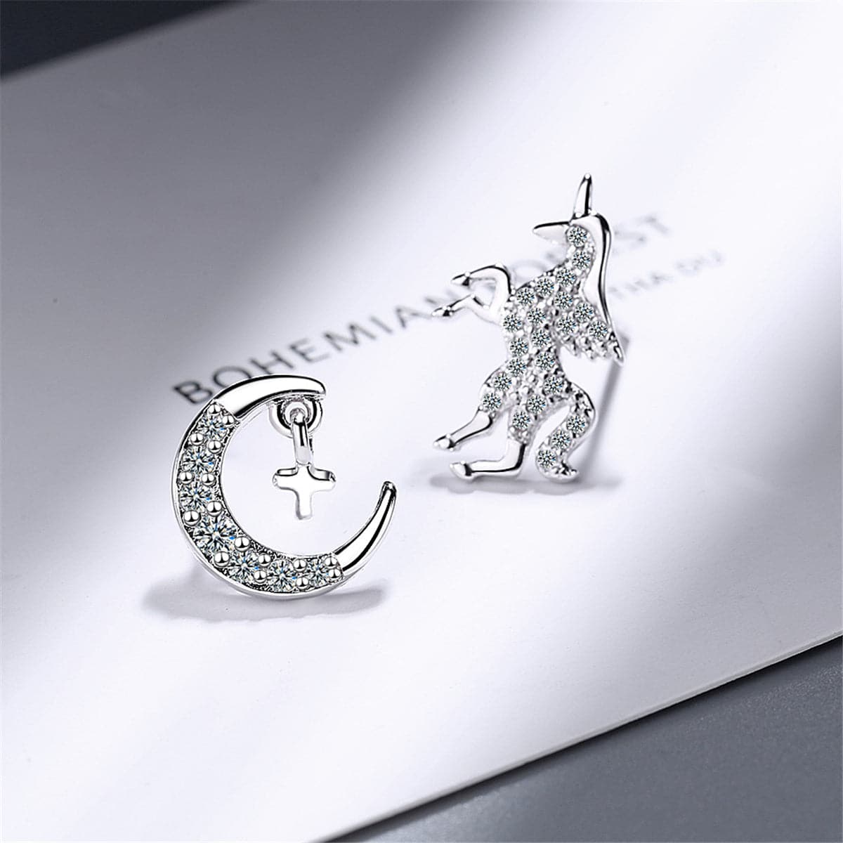 Cubic Zirconia & Silver-Plated Moon & Unicorn Stud Earrings