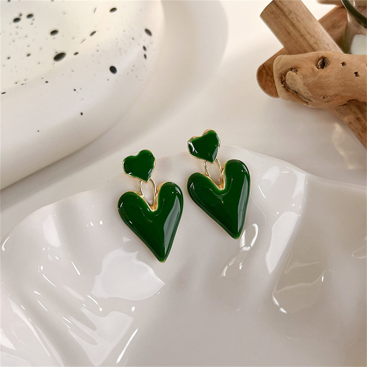 Green Enamel and 18K Gold-Plated Stacked Heart Drop Earrings, gold drop earrings for women, detail close-up