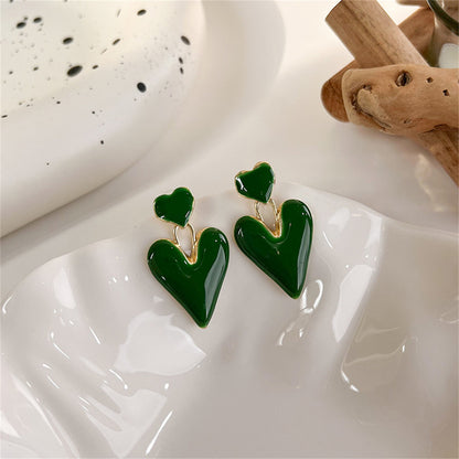 Green Enamel and 18K Gold-Plated Stacked Heart Drop Earrings, gold drop earrings for women, detail close-up