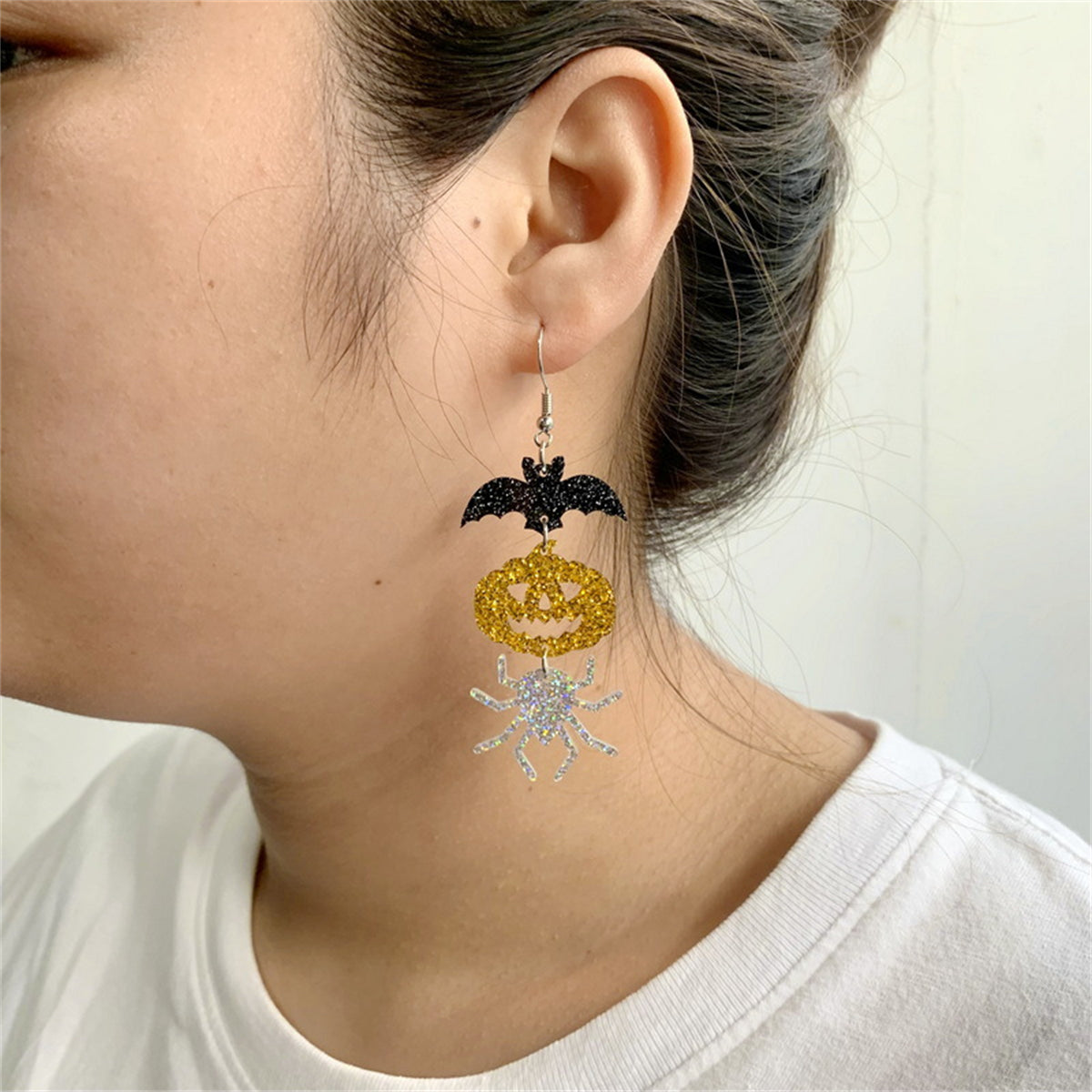 Orange and Silver-Plated Spooky Friends Drop Earrings, silver drop earrings for women, lifestyle look