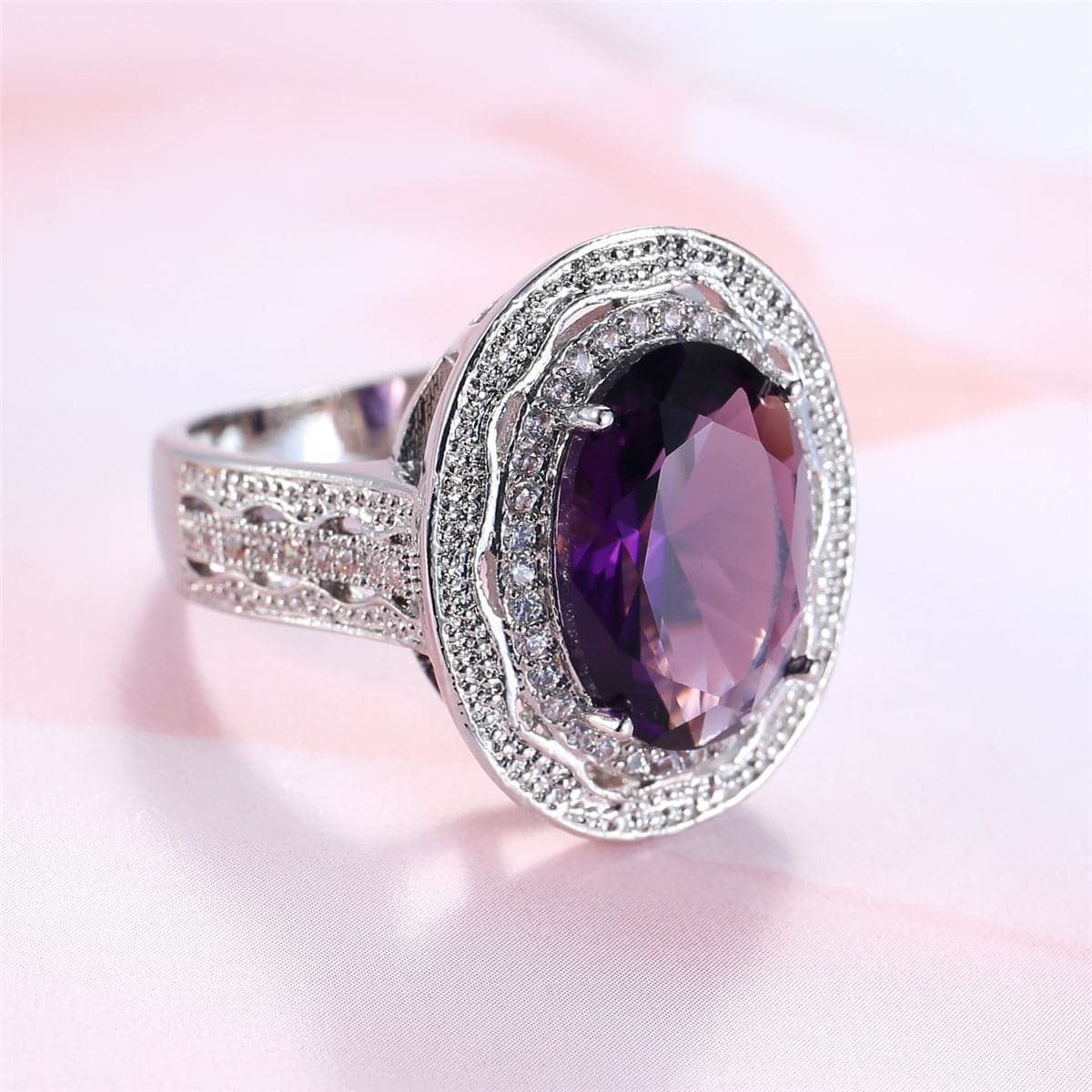 Purple Crystal and Cubic Zirconia Oval Halo Ring, statement rings for women, elegant gift for her, front view