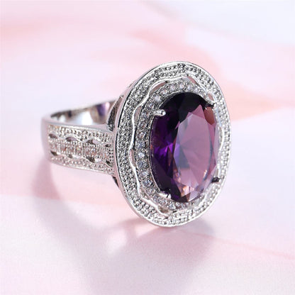 Purple Crystal and Cubic Zirconia Oval Halo Ring, statement rings for women, elegant gift for her, front view