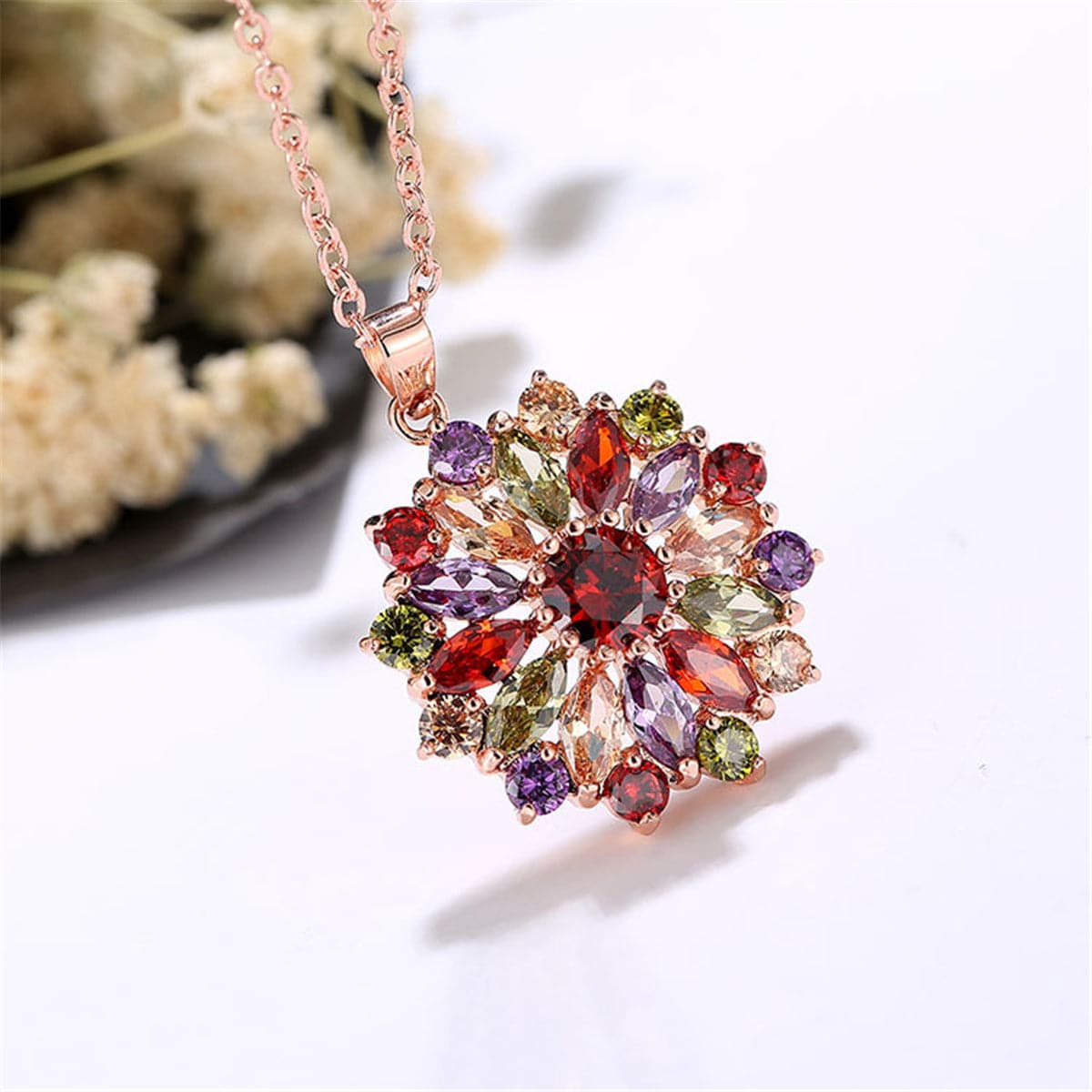 Lavender & Green Crystal Flower Pendant Necklace