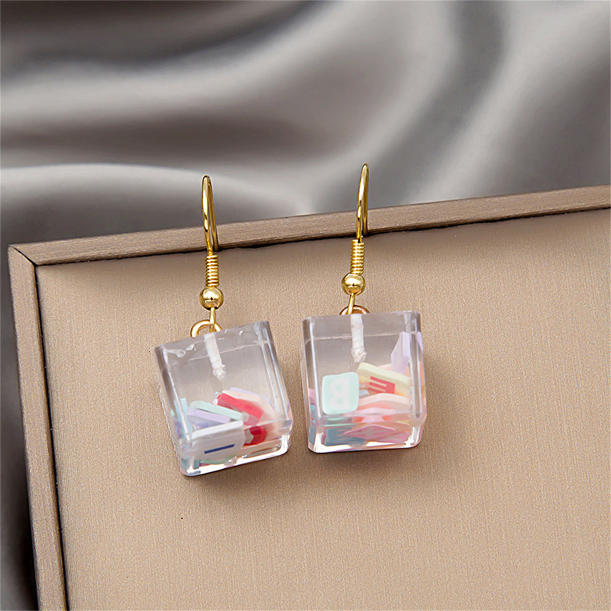 Clear Resin & 18K Gold-Plated Letter Cube Drop Earrings