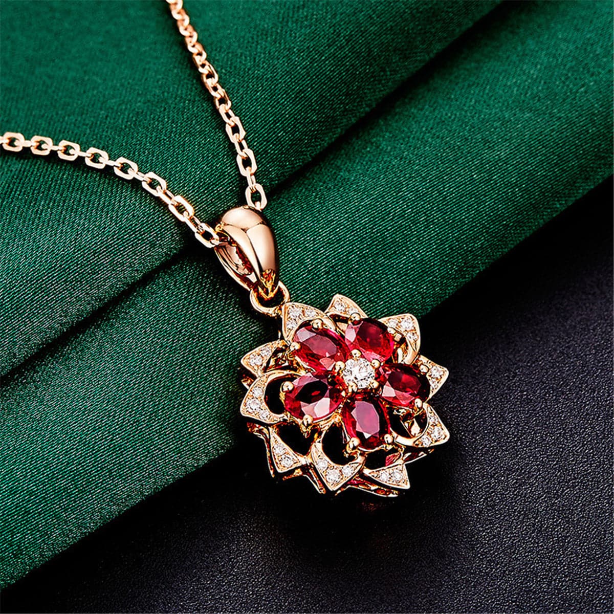 Red Cubic Zirconia & 18K Rose Gold-Plated Flower Pendant Necklace