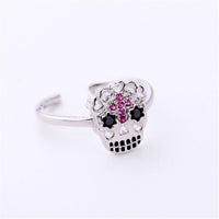 Cubic Zirconia & Silvertone Sugar Skull Open Ring