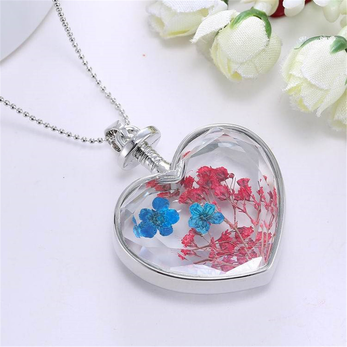 Pink & Blue Peach Blossom Heart Pendant Necklace