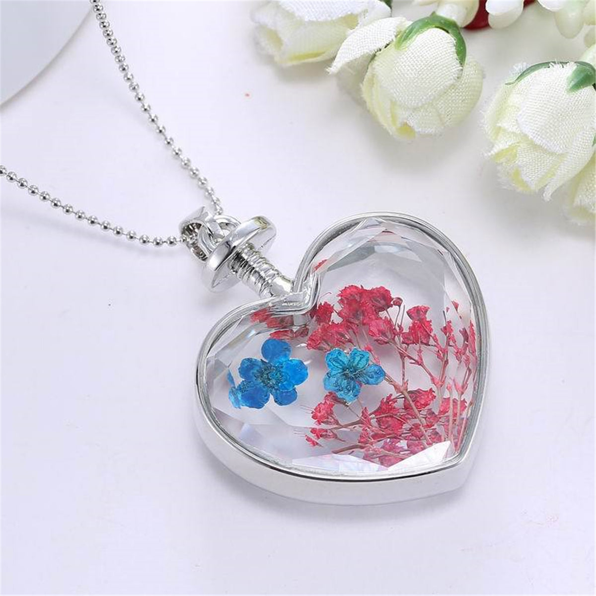 Pink and Blue Peach Blossom Heart Pendant Necklace, pendant necklace for women, vintage-inspired design, detail close-up