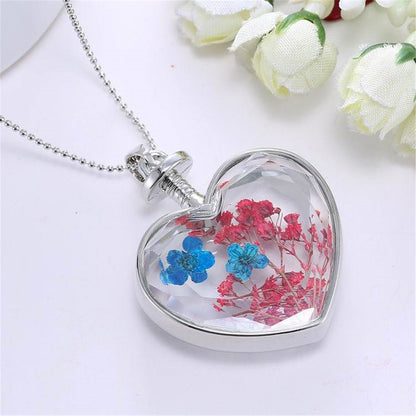 Pink and Blue Peach Blossom Heart Pendant Necklace, pendant necklace for women, vintage-inspired design, detail close-up