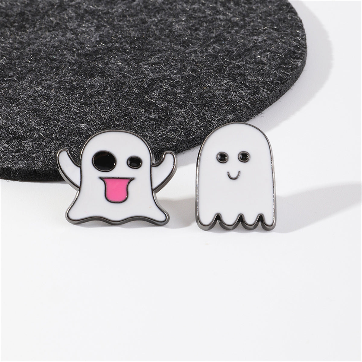 White and Silver-Plated Ghost Enamel Pin Set, silver brooch pin, dainty minimalist design, styled look