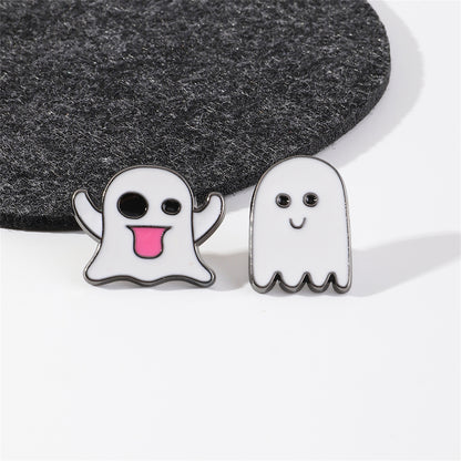 White and Silver-Plated Ghost Enamel Pin Set, silver brooch pin, dainty minimalist design, styled look