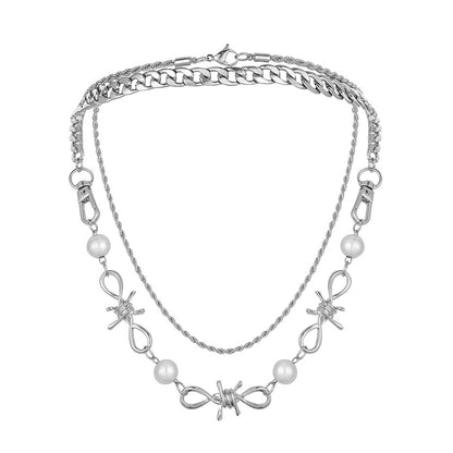 Pearl and Silver-Plated Curb Twine Thorns Station Necklace Set, jewelry gift sets for women, everyday style, front view
