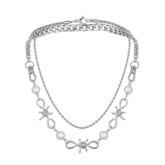 Pearl and Silver-Plated Curb Twine Thorns Station Necklace Set, jewelry gift sets for women, everyday style, front view
