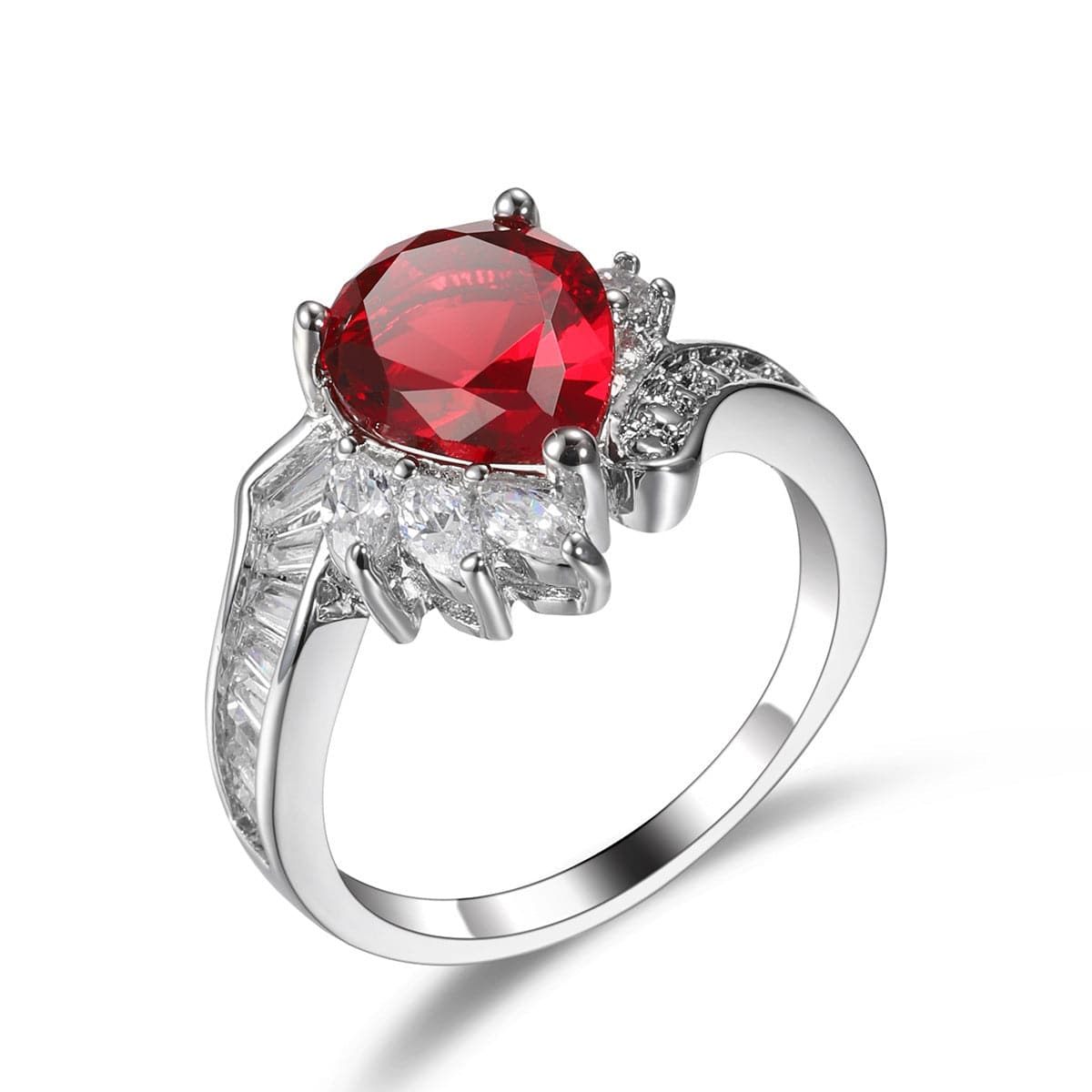 Red Crystal and Cubic Zirconia Pear Asymmetrical Ring, statement rings for women, elegant gift for her, front view