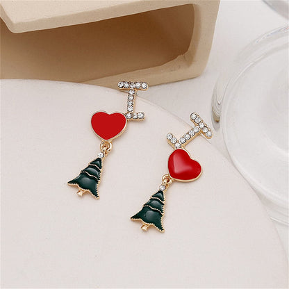 Cubic Zirconia and Enamel 18K Gold-Plated 'I Love Christmas Trees' Drop Earrings, gold drop earrings for women, side view