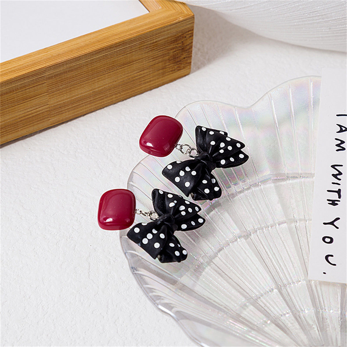 Red & Black Polka Dot Bow Drop Earrings