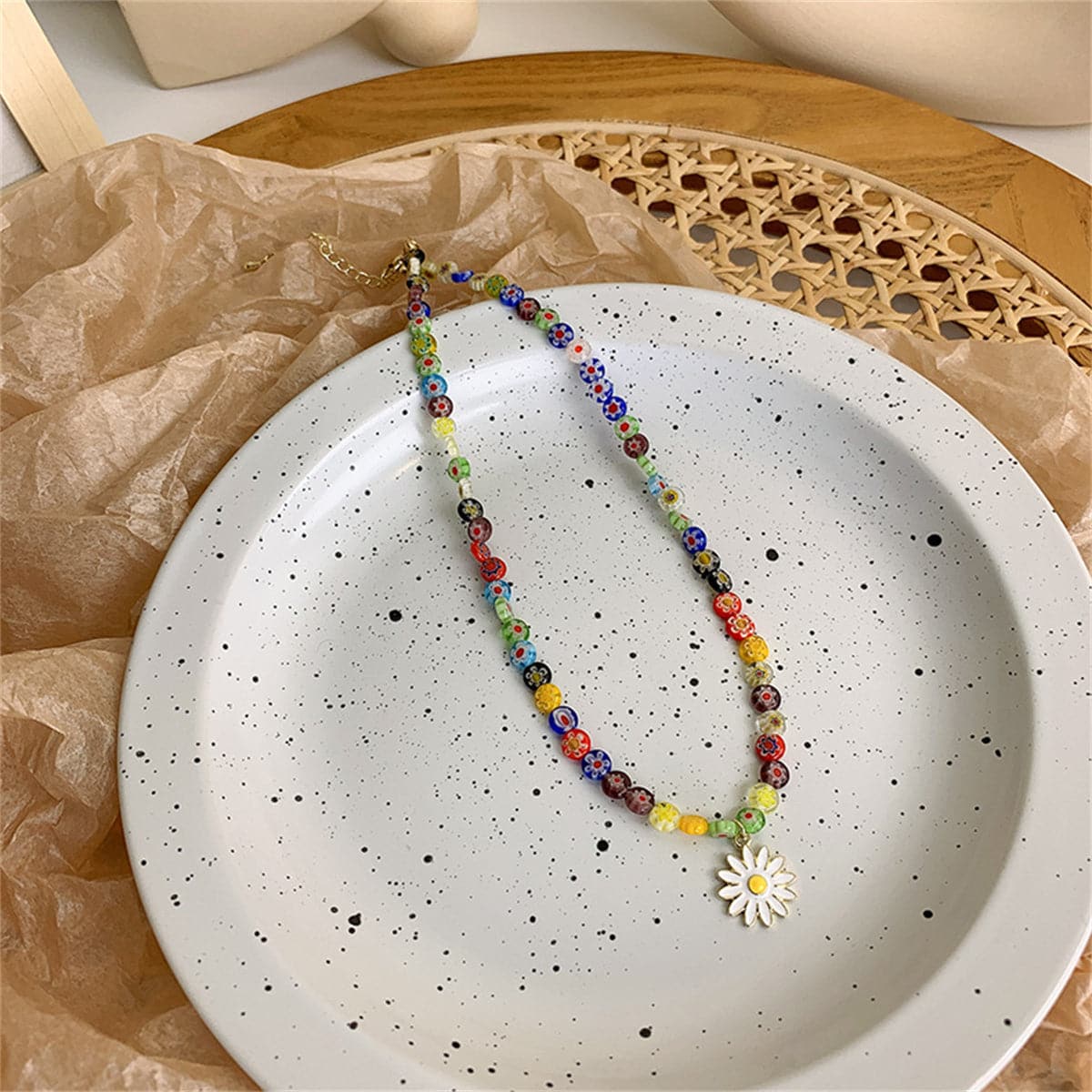 White Enamel and Multicolor Acrylic 18K Gold-Plated Daisy Pendant Beaded Necklace, gold pendant necklace..., lifestyle look
