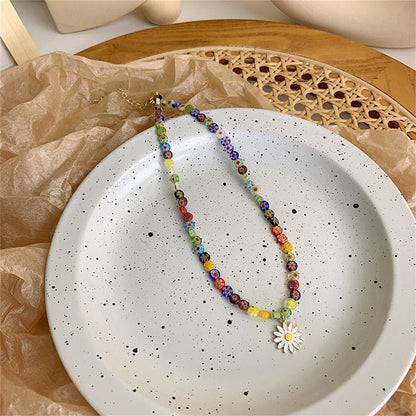 White Enamel and Multicolor Acrylic 18K Gold-Plated Daisy Pendant Beaded Necklace, gold pendant necklace..., lifestyle look