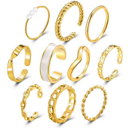 Pearl and Enamel 18K Gold-Plated Twine Chain Ring Set, jewelry gift sets for women, botanical inspired, side view