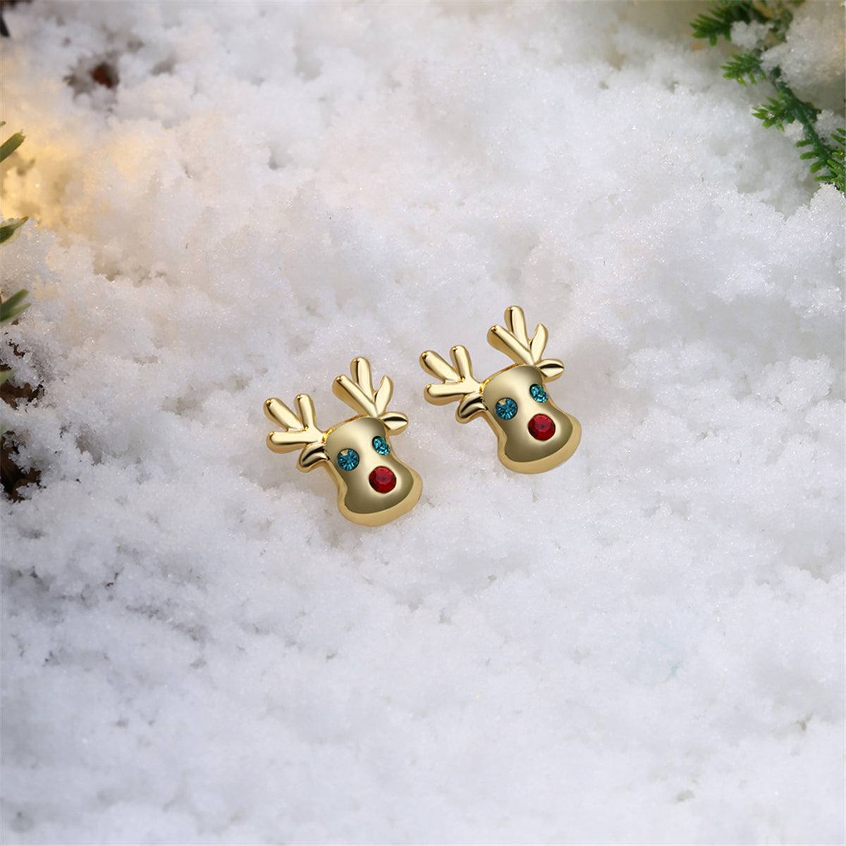 Cubic Zirconia & 18K Gold-Plated Reindeer Stud Earrings