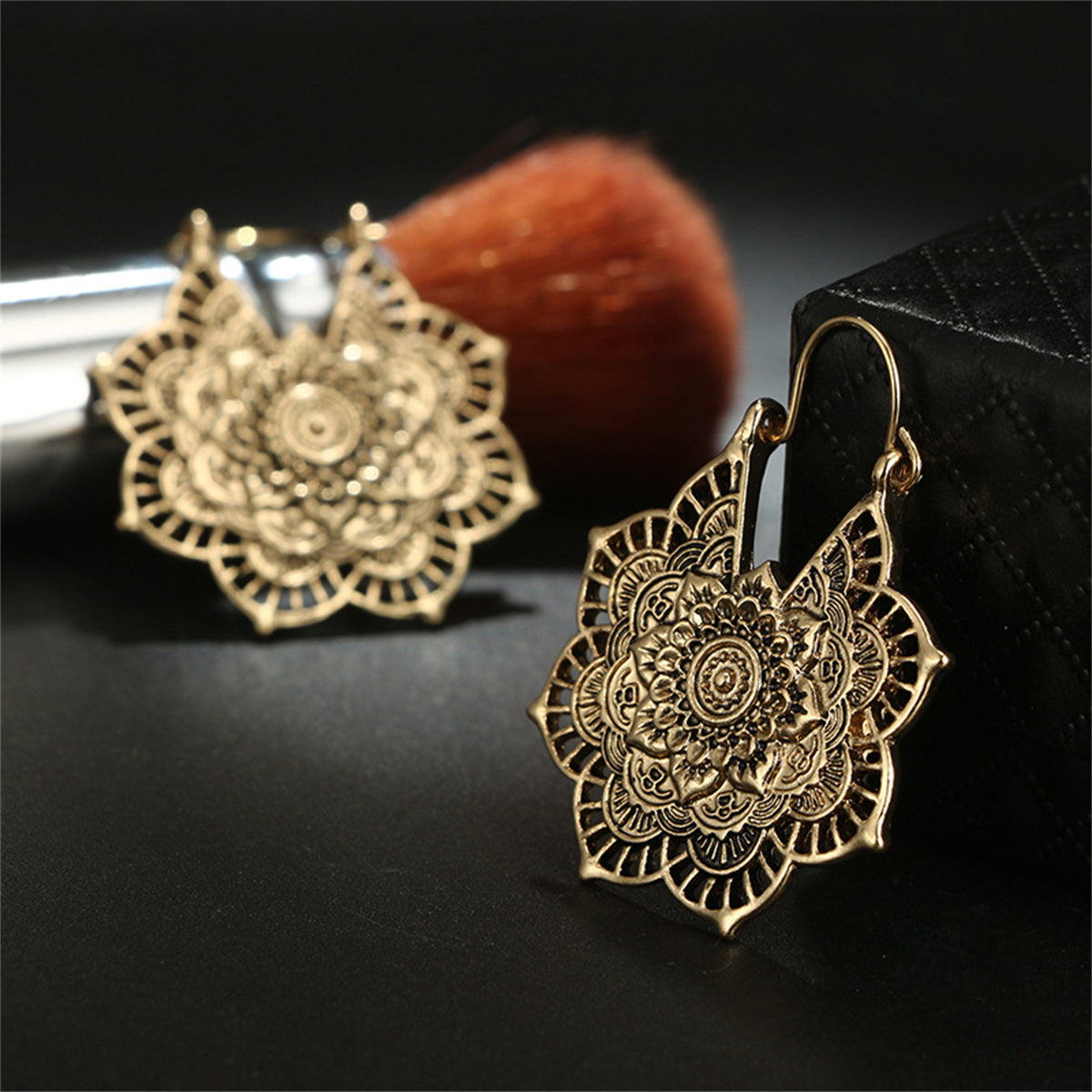 18K Gold-Plated Floral Huggie Earrings, gold huggie earrings, vintage-inspired design, detail close-up