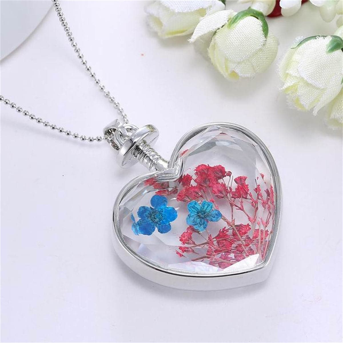Blue Pressed Peach Blossom & Silver-Plated Heart Pendant Necklace