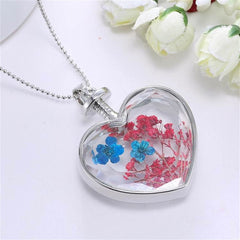 Blue Pressed Peach Blossom & Silver-Plated Heart Pendant Necklace