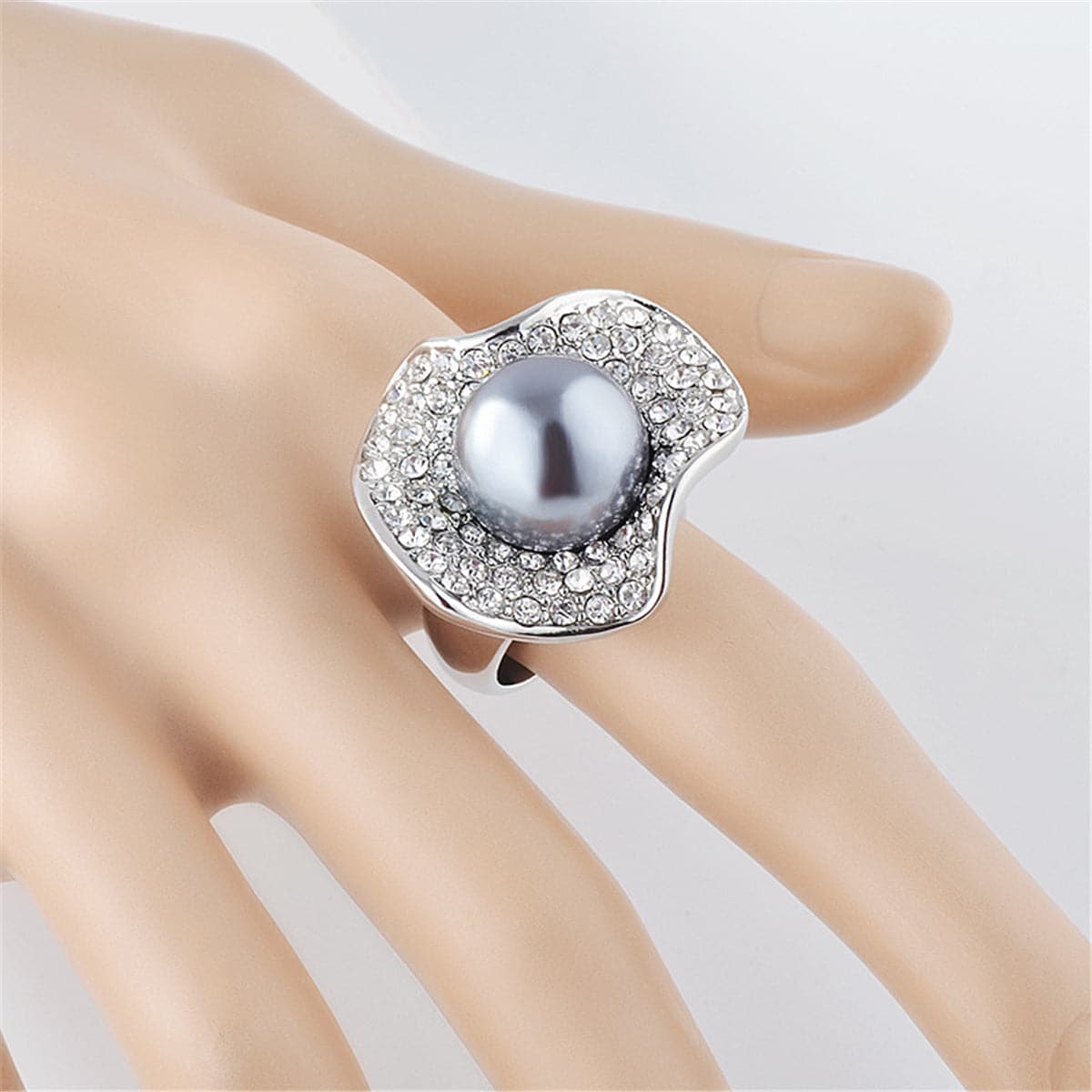 Gray Pearl & Cubic Zirconia Silver-Plated Lotus Ring