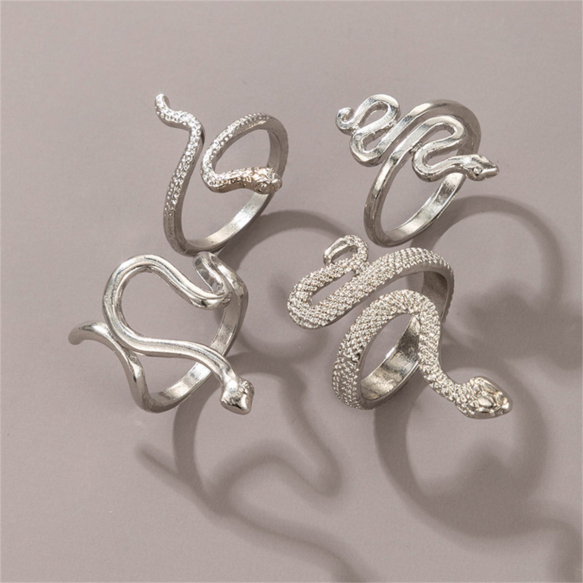 Silver-Plated Textured Snake Ring Set, silver statement rings for women, botanical inspired, detail close-up