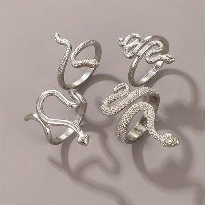 Silver-Plated Textured Snake Ring Set, silver statement rings for women, botanical inspired, detail close-up