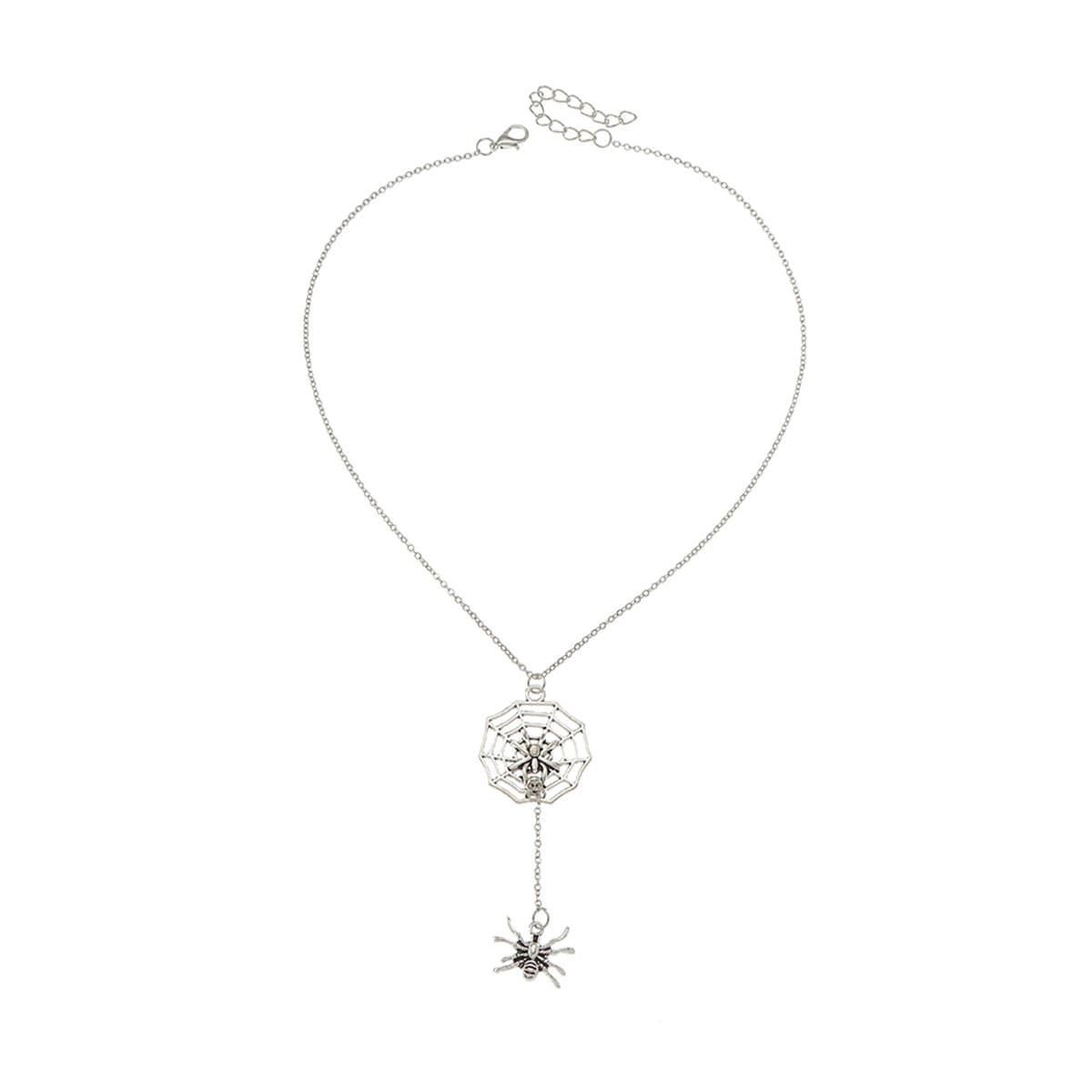 Silver-Plated Spider and Web Drop Necklace, silver pendant necklace for women, botanical inspired, front view