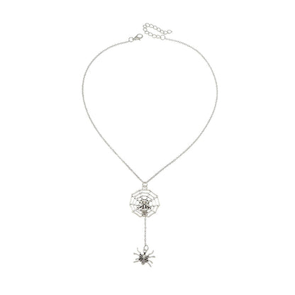 Silver-Plated Spider and Web Drop Necklace, silver pendant necklace for women, botanical inspired, front view