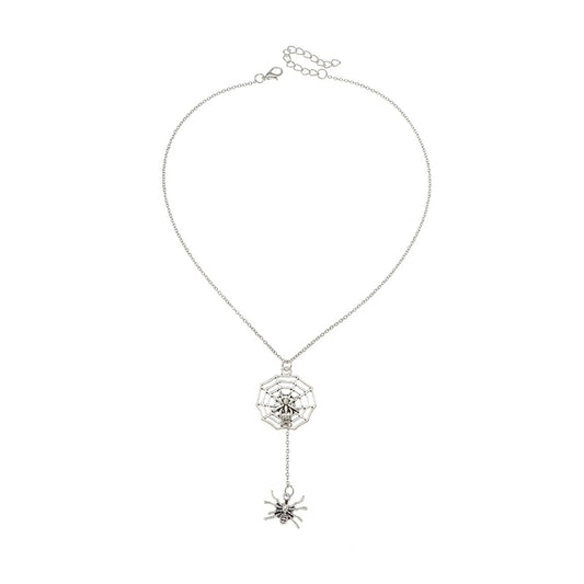 Silver-Plated Spider and Web Drop Necklace, silver pendant necklace for women, botanical inspired, front view