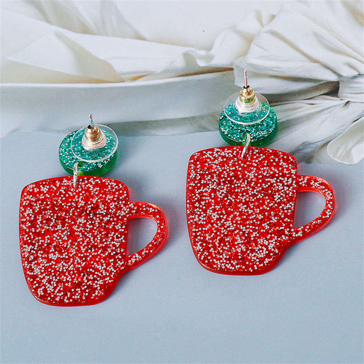 Red and Green Glitter Tiered Snowflake Cup Drop Earrings, drop earrings for women, elegant gift for her, styled look