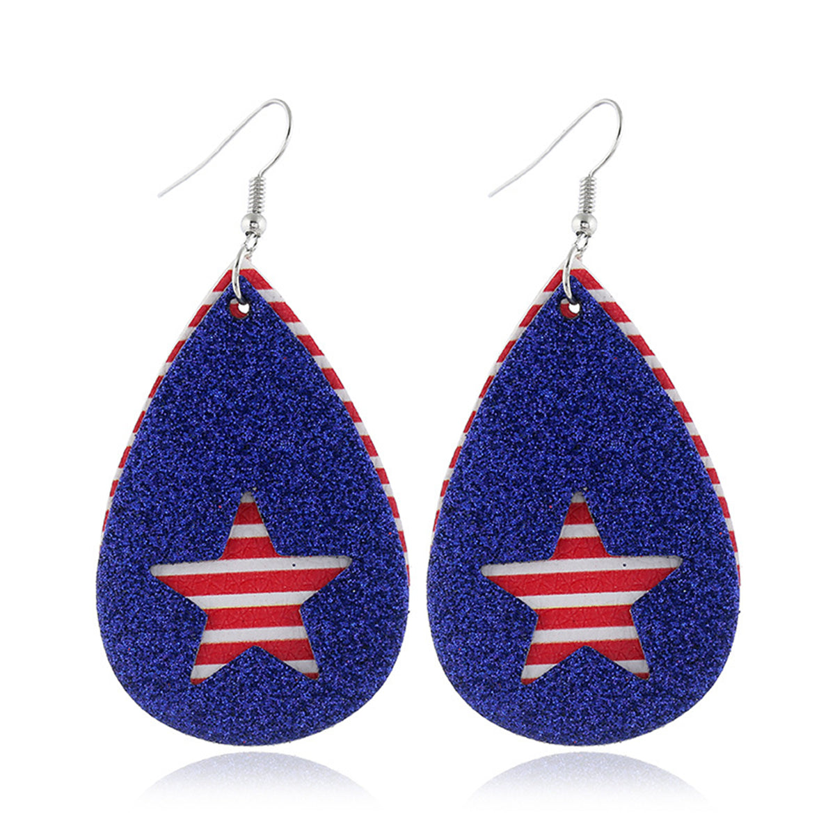 Blue & Red Polystyrene Stripe Glitter Star Cutout Drop Earrings
