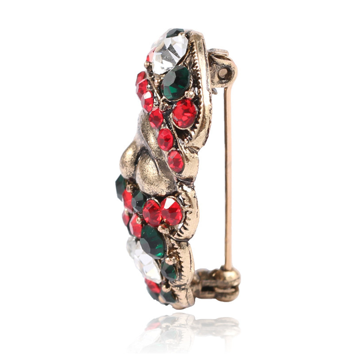 Green Cubic Zirconia and Crystal 18K Gold-Plated Santa Brooch, gold brooch pin, elegant gift for her, detail close-up