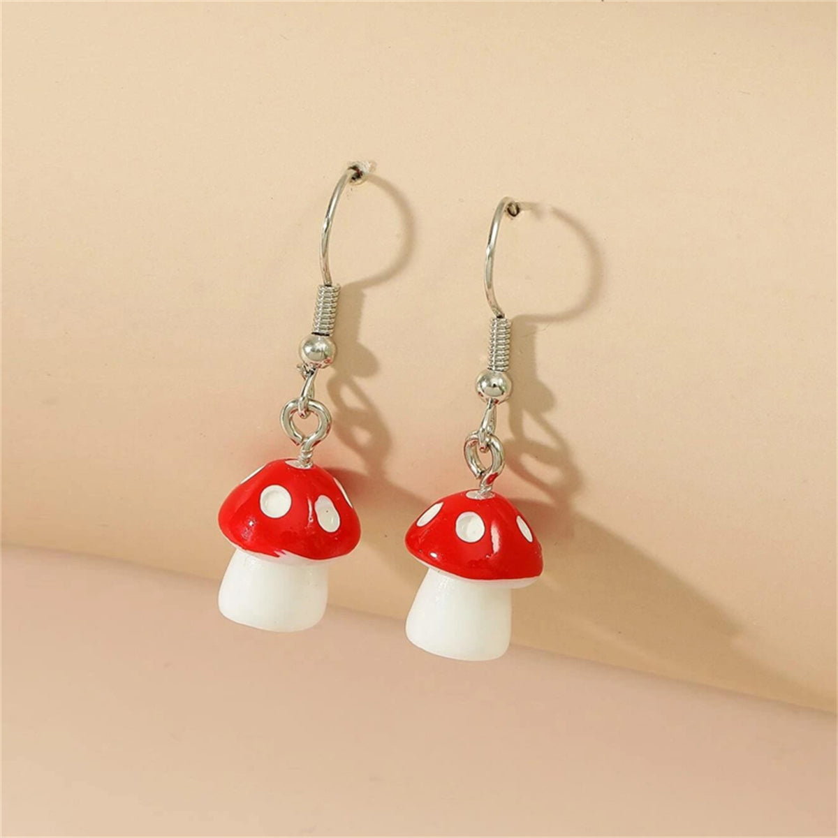 Red Resin and Silver-Plated Dot Mushroom Drop Earrings, silver drop earrings for women, everyday style, front view