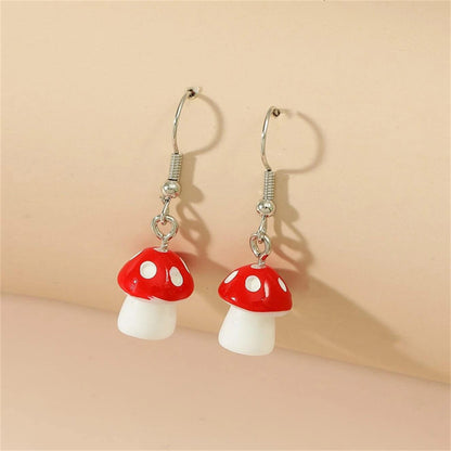 Red Resin and Silver-Plated Dot Mushroom Drop Earrings, silver drop earrings for women, everyday style, front view
