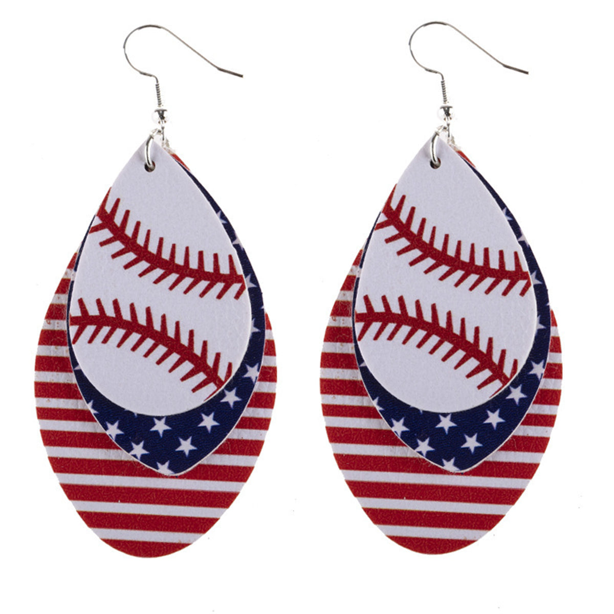 White & Red Polystyrene Patriotic Baseball Triple Drop Earrings