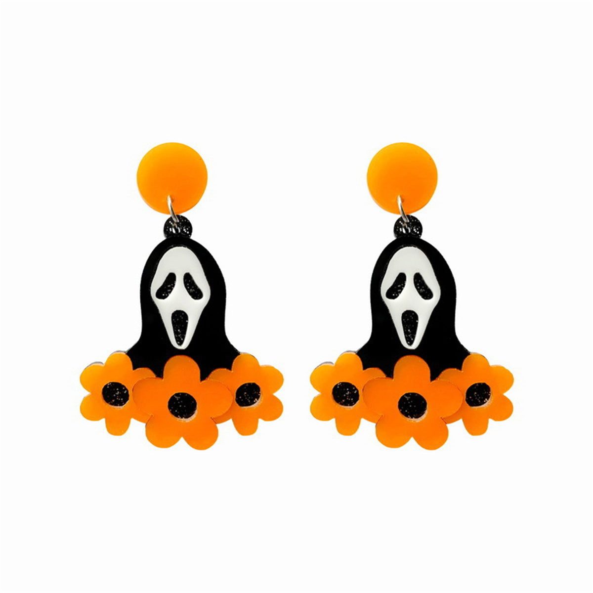 Orange Acrylic and 18K Gold-Plated Flower Ghost Drop Earrings, gold drop earrings for women, elegant gift for her, front view