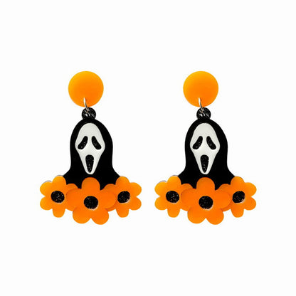 Orange Acrylic and 18K Gold-Plated Flower Ghost Drop Earrings, gold drop earrings for women, elegant gift for her, front view
