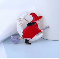 Cubic Zirconia & Enamel 18K Gold-Plated Flying Witch Brooch