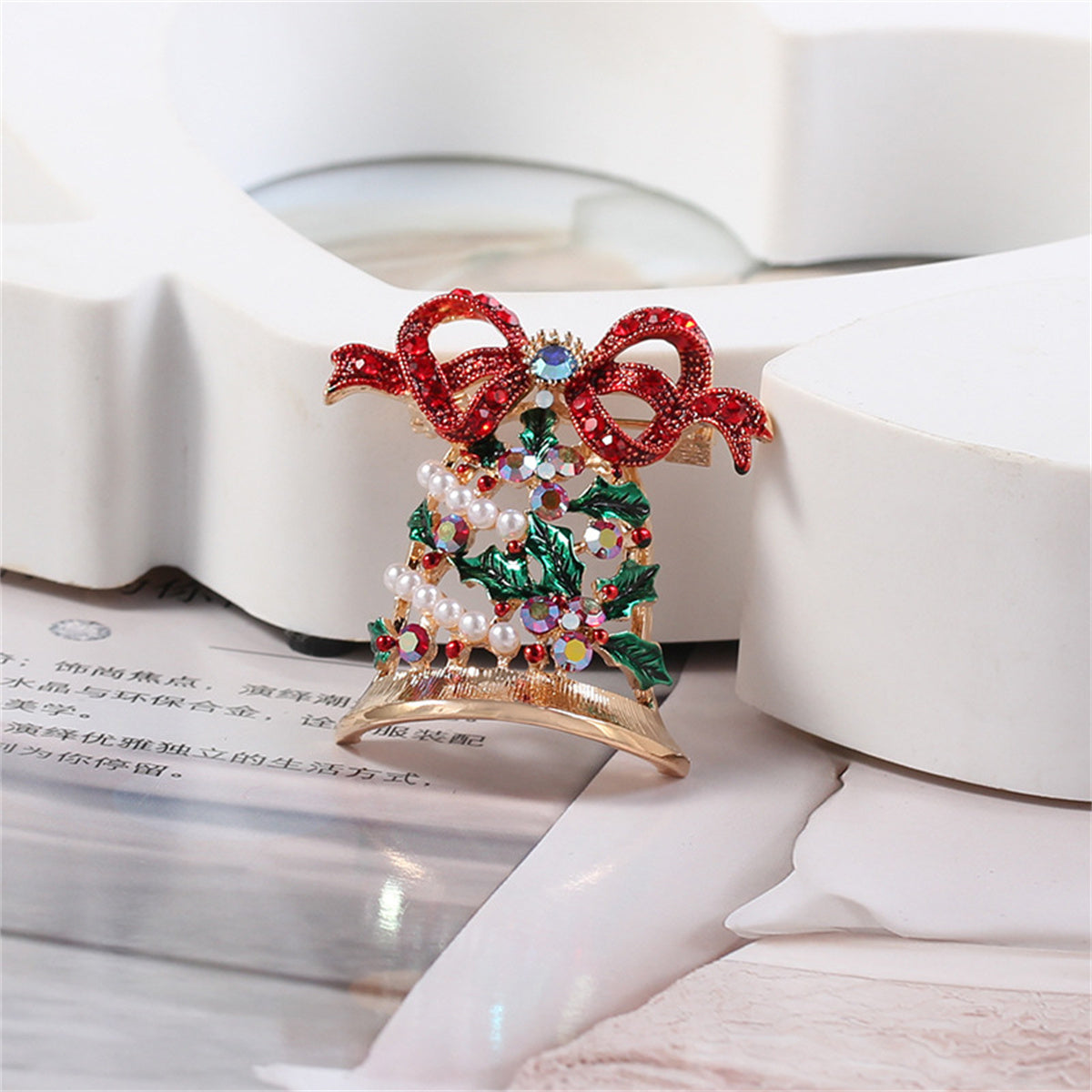Pearl and Cubic Zirconia 18K Gold-Plated Christmas Bow Bell Brooch, gold brooch pin, botanical inspired, detail close-up