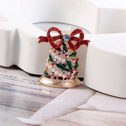 Pearl and Cubic Zirconia 18K Gold-Plated Christmas Bow Bell Brooch, gold brooch pin, botanical inspired, side view